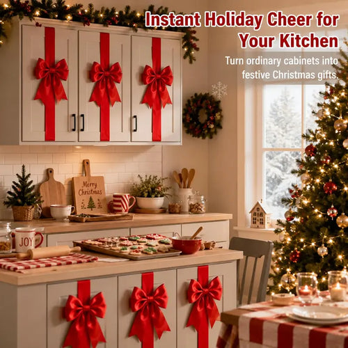 🎄Christmas Cabinet Bow & Ribbon Decor Set – Red & Green Holiday Kitchen Decorations