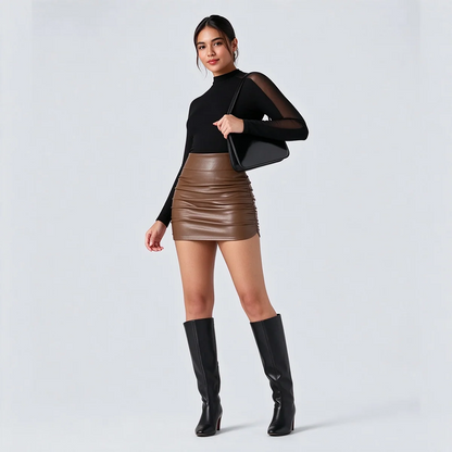 High Waisted Tummy Control Ruched Curved Hem 2-in-1 Fleece PU Mini Bodycon Skirt 🖤