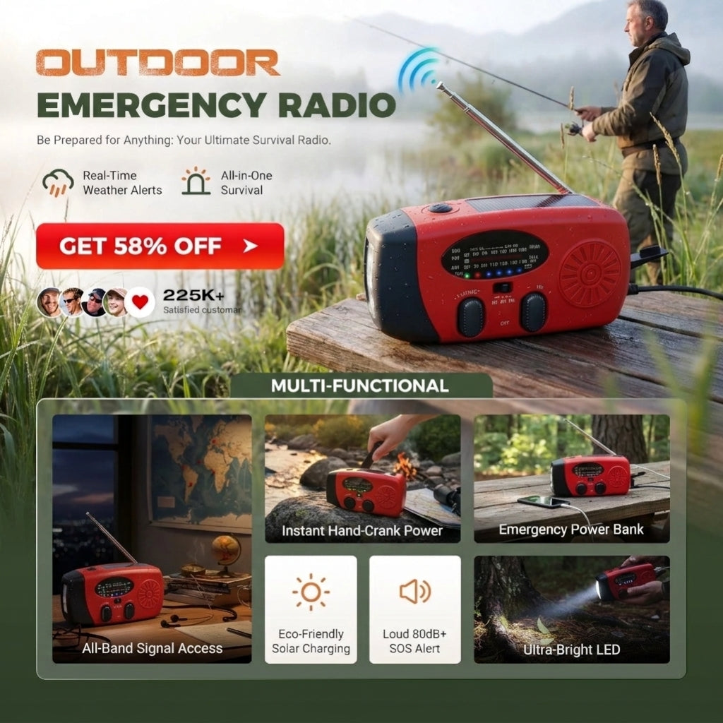 🔋 Multifunctional Solar Emergency Radio – Hand Crank, Power Bank & Weather Alerts