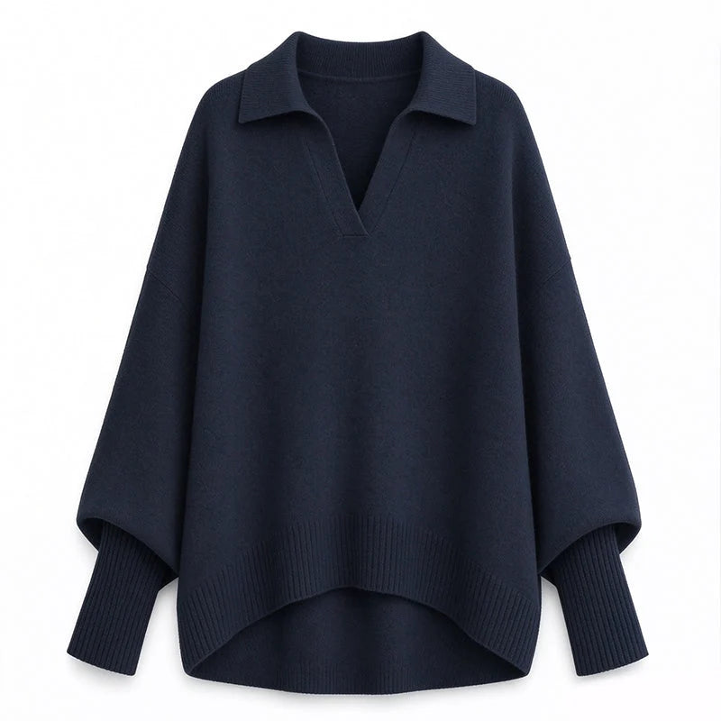 Women's Loose Fit Collared Knit Sweater Casual Slouchy Solid Color Long Sleeve Knitwear
