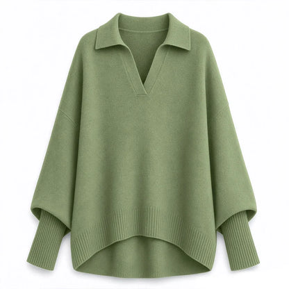 Women's Loose Fit Collared Knit Sweater Casual Slouchy Solid Color Long Sleeve Knitwear