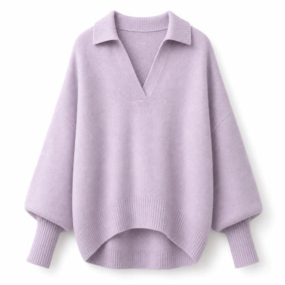 Women's Loose Fit Collared Knit Sweater Casual Slouchy Solid Color Long Sleeve Knitwear