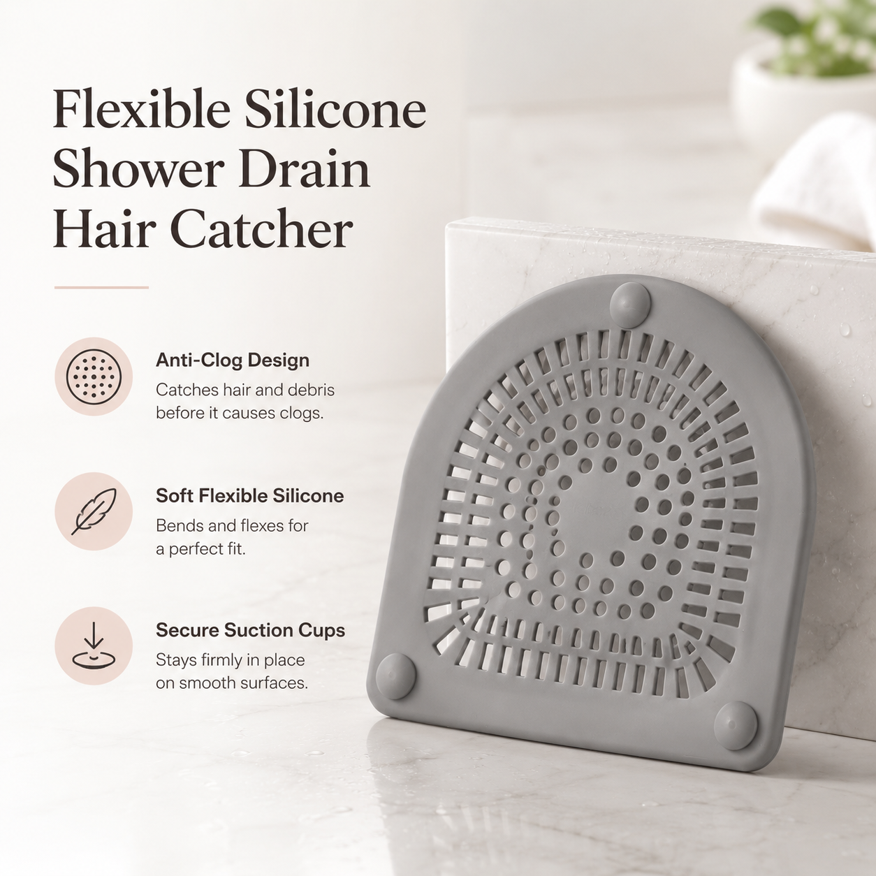 Flexible Silicone Shower Drain Hair Catcher with Suction Cups