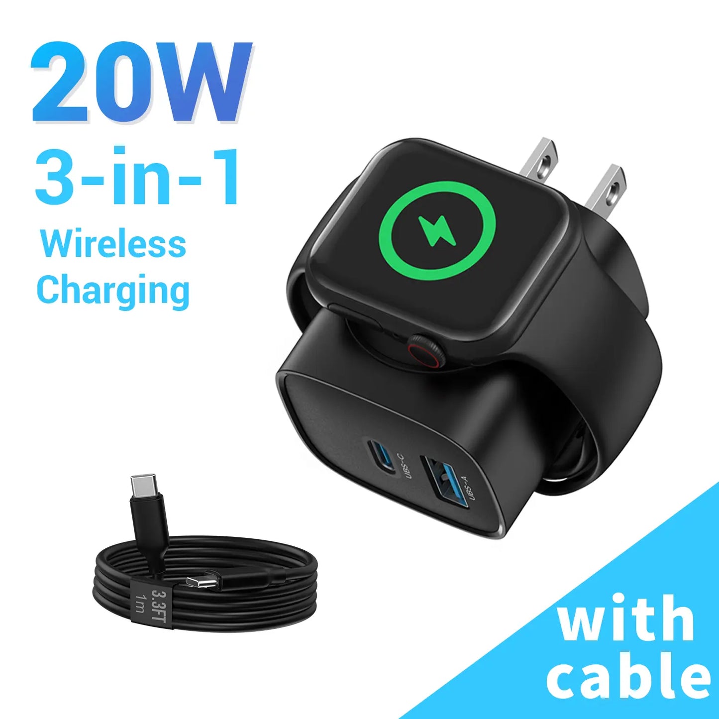 3-in-1 Magnetic Wireless Charger Plug with USB-C Fast Charging