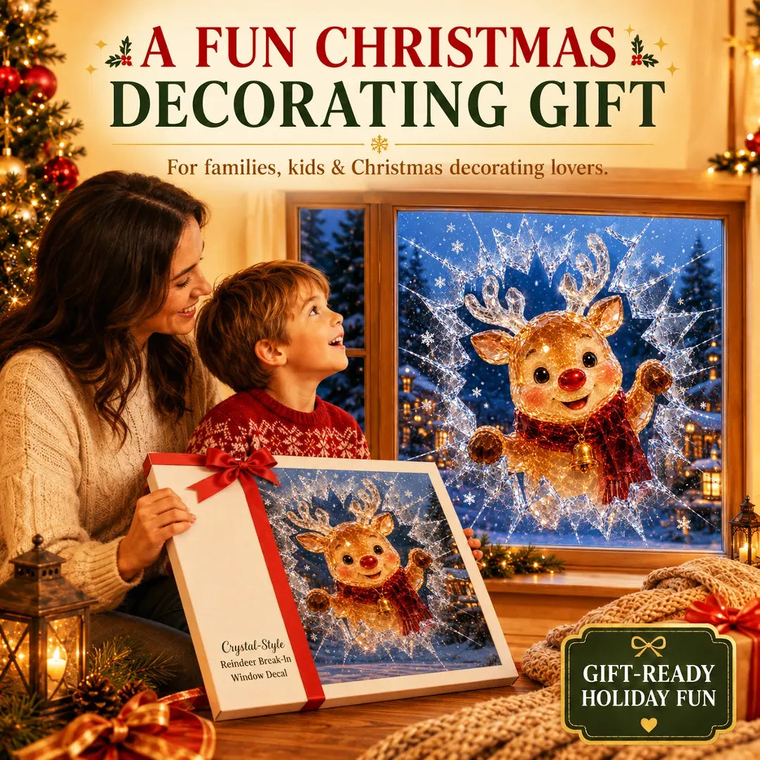 🎄Crystal Christmas Break-In Window Decal | 3D Shattered Glass Illusion with Sparkling Holiday Characters for Magical Window Decorations ✨🎅