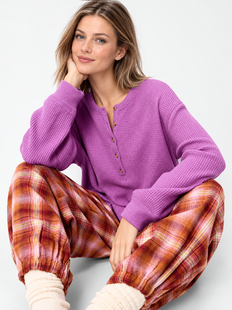 Women's Casual Long Sleeve Crew Neck Henley Shirt