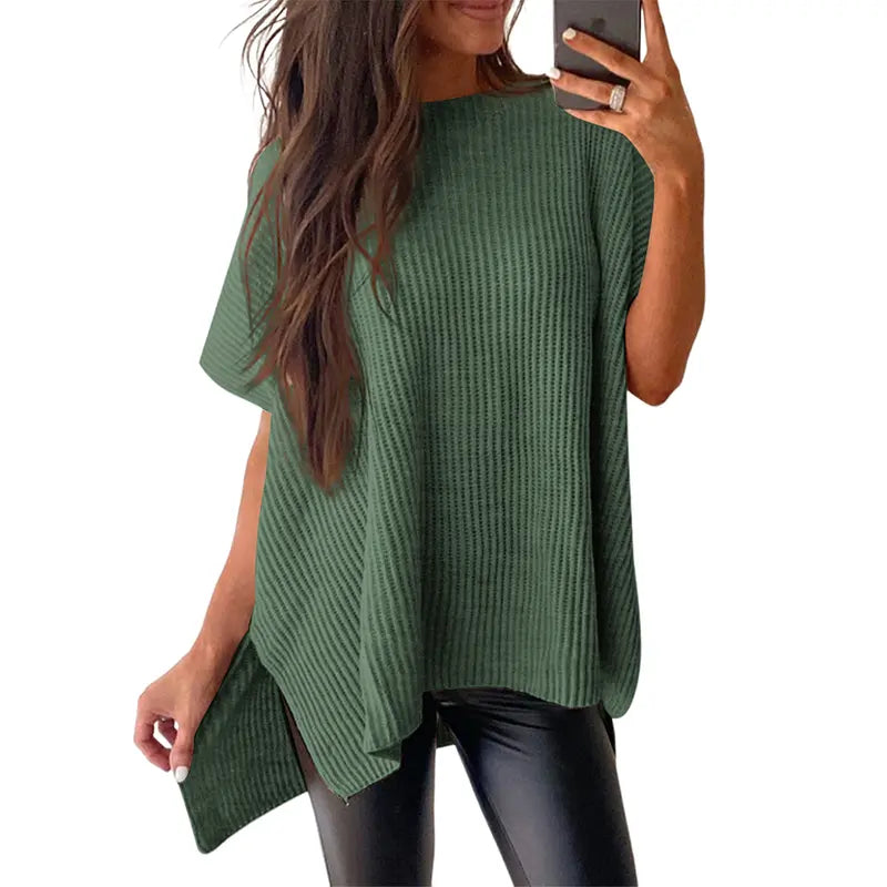 Shewin Women's Oversized Cotton Knit Sweater - Chic Soft New Year Knitwear, Casual Solid Pullover Top with Puff Short Sleeves, Round Neck, Side Slit for Work, Back-to-School,sohochic