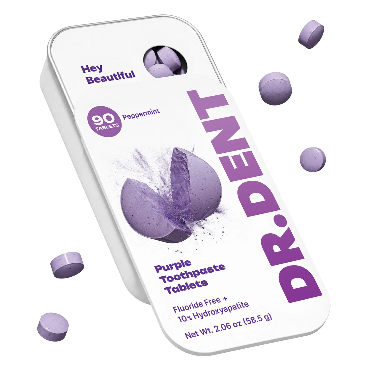DR.DENT Purple Toothpaste Tablets with 10% Hydroxyapatite & PAP | Fluoride-Free, SLS-Free, Vegan | Purple Tone-Correcting Formula | 90 Chewable Tablets per Tin