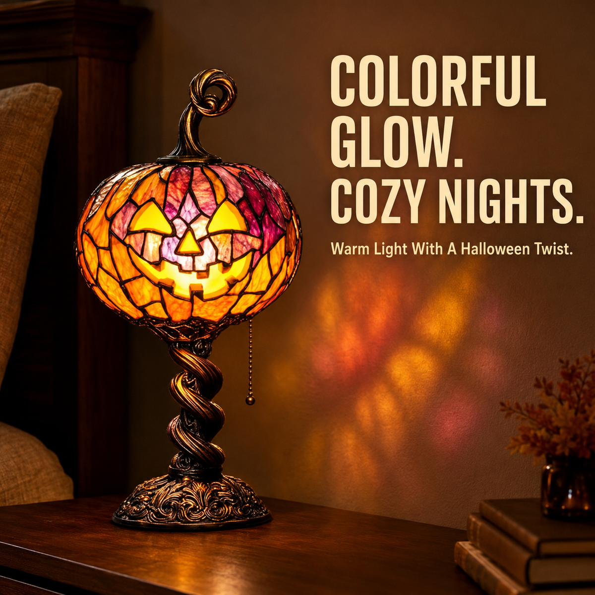 🎃 Halloween Pumpkin Glow Lamp – Vintage Stained-Glass-Style Table Light
