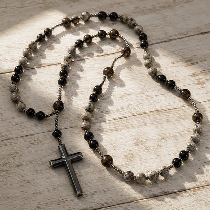 Natural Obsidian Yooperlite Rosary Necklace, UV Reactive Energy Protection Crystal