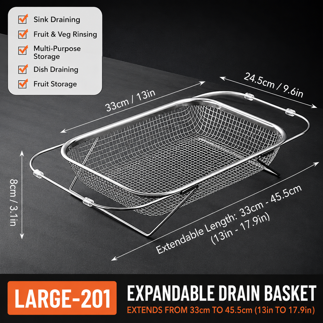 Adjustable Over the Sink Kitchen Strainer Basket