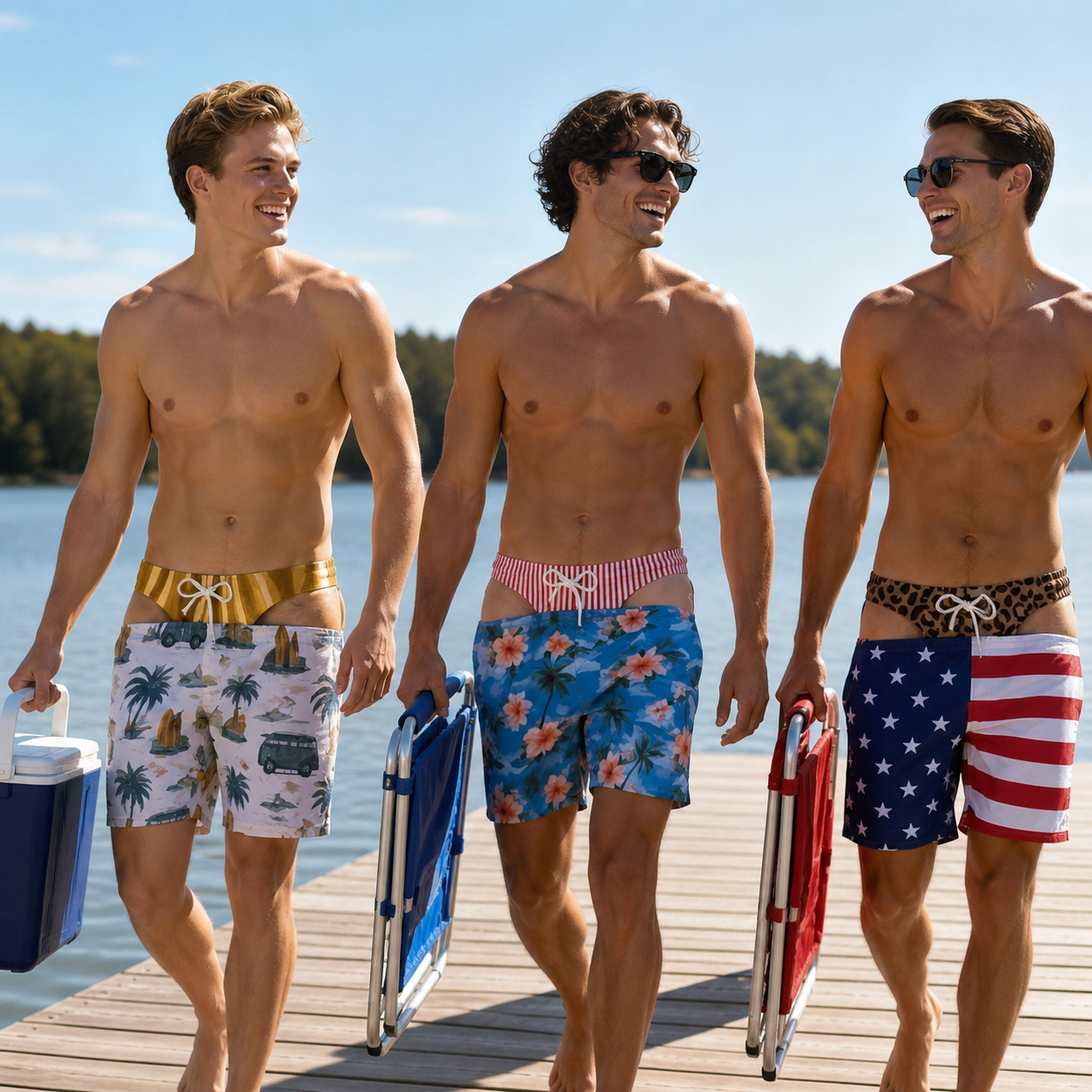 Men's Quick Dry Printed Swim Trunks with Pockets and Drawstring