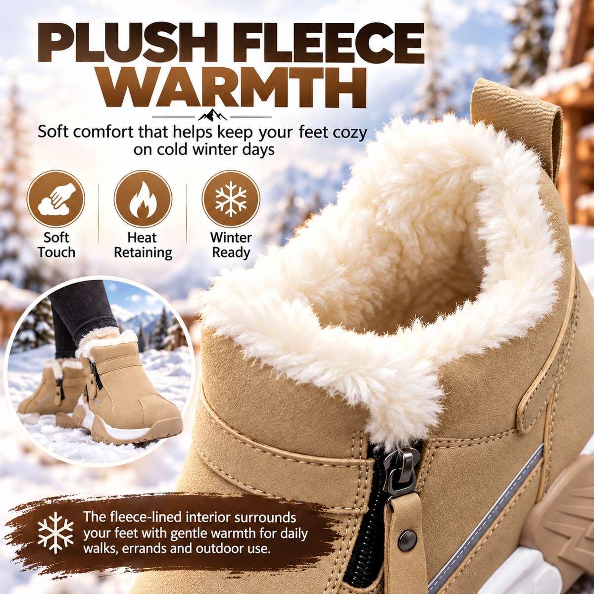 Warm Fleece Winter Snow Boots with Side Zip | Anti-Slip Outdoor Ankle Shoes