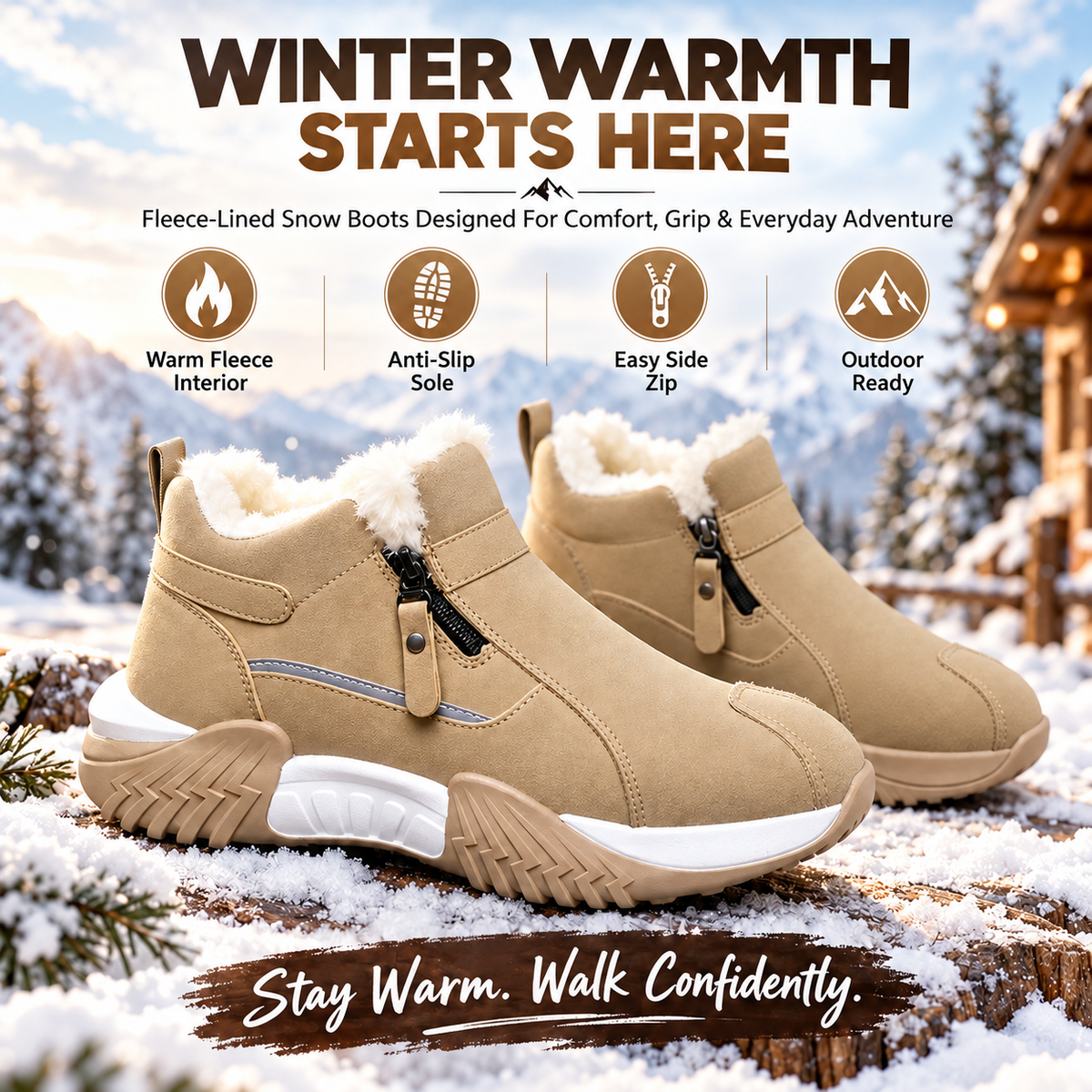 Warm Fleece Winter Snow Boots with Side Zip | Anti-Slip Outdoor Ankle Shoes