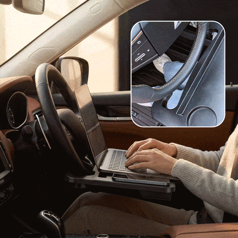 2-in-1 Car Steering Wheel Desk - Black ABS Plastic Food & Laptop Tray