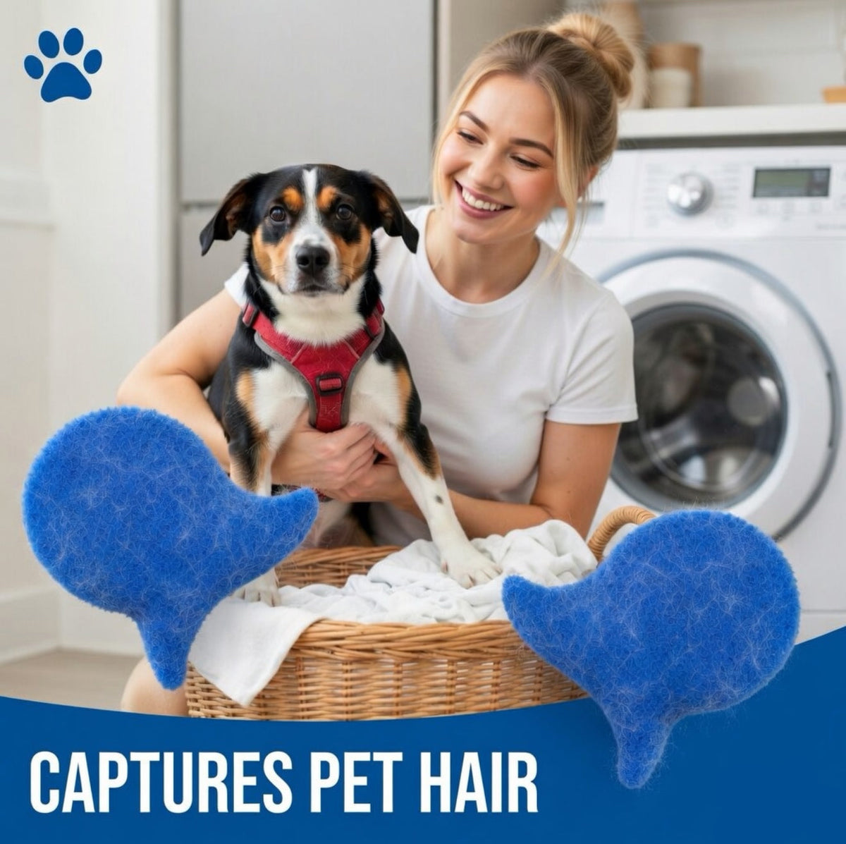 Set of six IndigoPetco.com laundry pet hair catchers, reusable fish-shaped lint removers for washing machines.