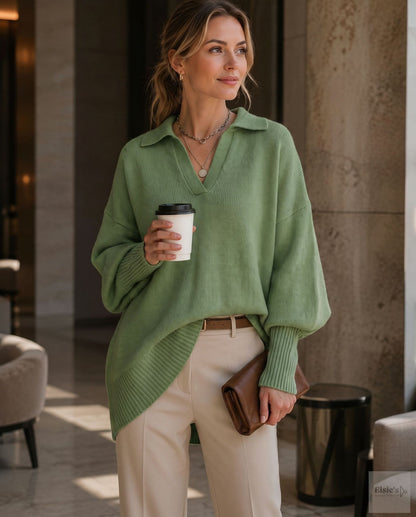 Women's Loose Fit Collared Knit Sweater Casual Slouchy Solid Color Long Sleeve Knitwear