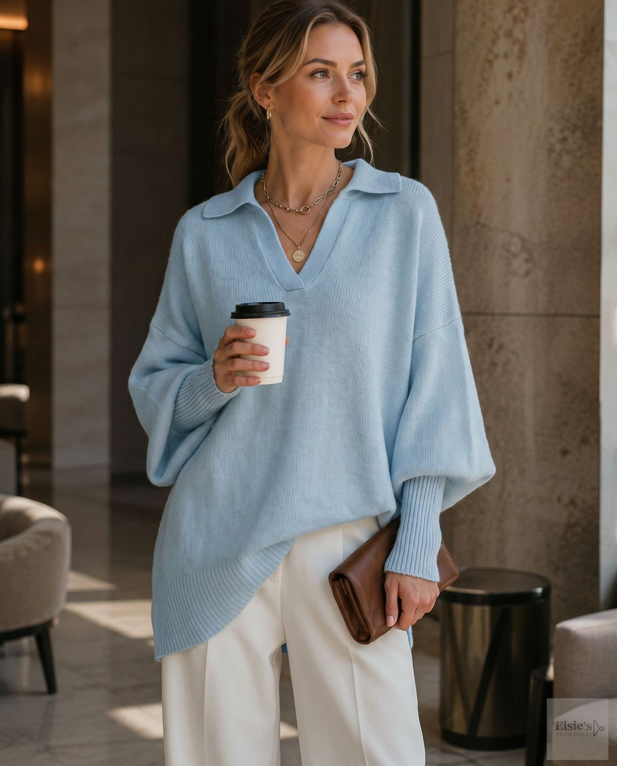Women's Loose Fit Collared Knit Sweater Casual Slouchy Solid Color Long Sleeve Knitwear