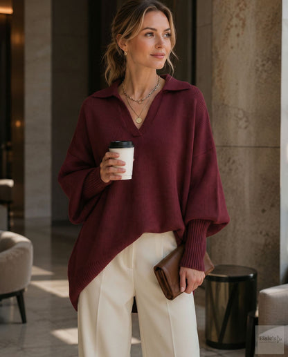 Women's Loose Fit Collared Knit Sweater Casual Slouchy Solid Color Long Sleeve Knitwear