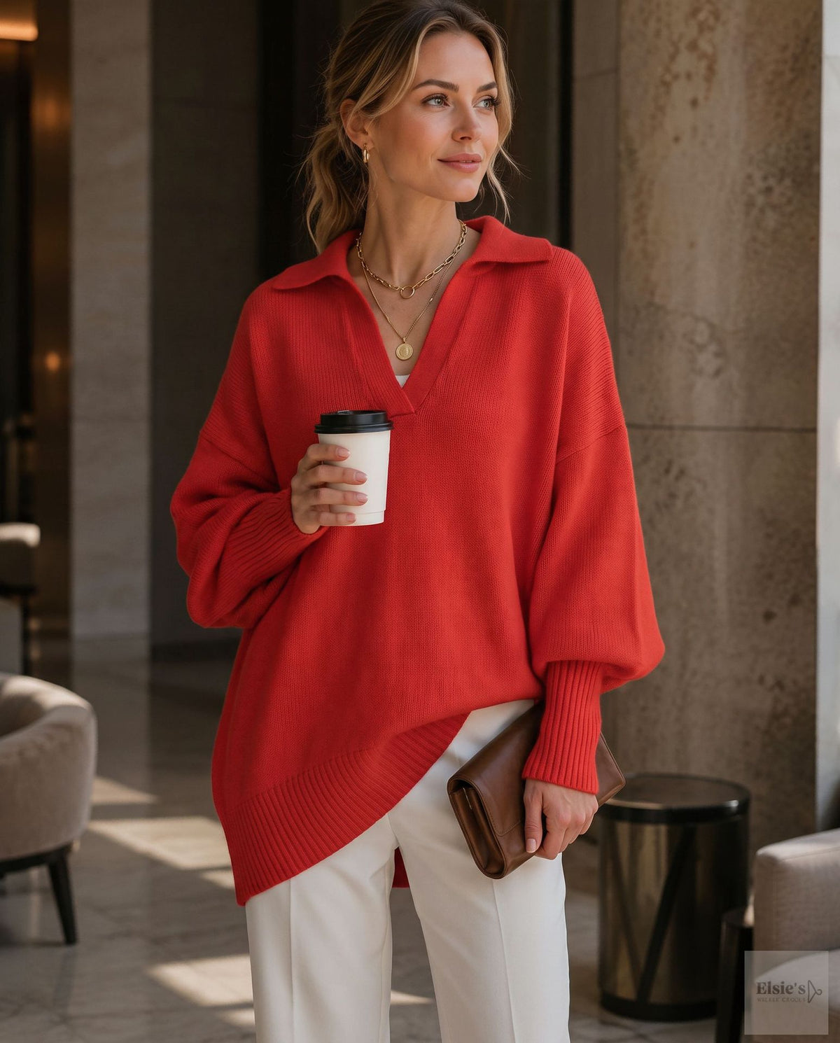 Women's Loose Fit Collared Knit Sweater Casual Slouchy Solid Color Long Sleeve Knitwear