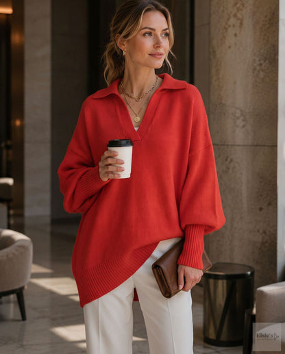 Women's Loose Fit Collared Knit Sweater Casual Slouchy Solid Color Long Sleeve Knitwear