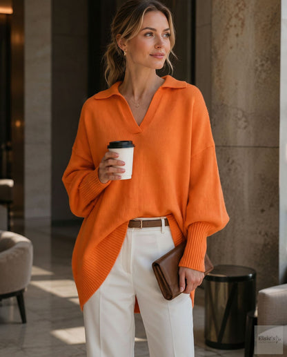 Women's Loose Fit Collared Knit Sweater Casual Slouchy Solid Color Long Sleeve Knitwear
