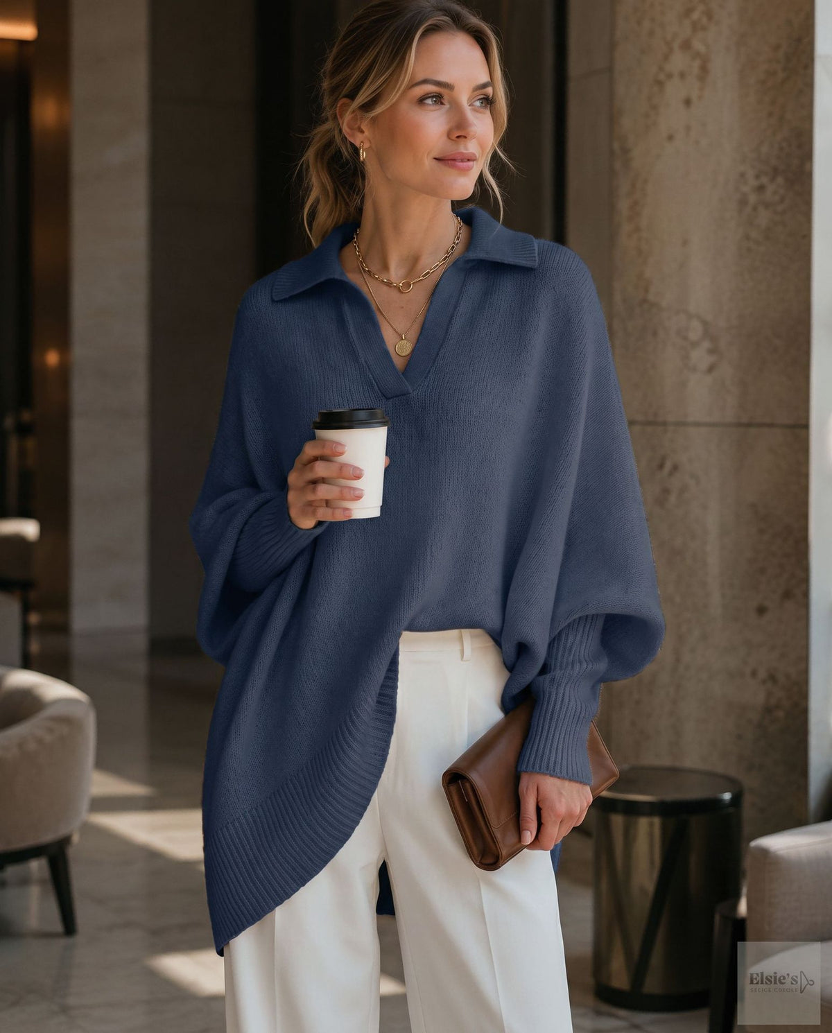 Women's Loose Fit Collared Knit Sweater Casual Slouchy Solid Color Long Sleeve Knitwear