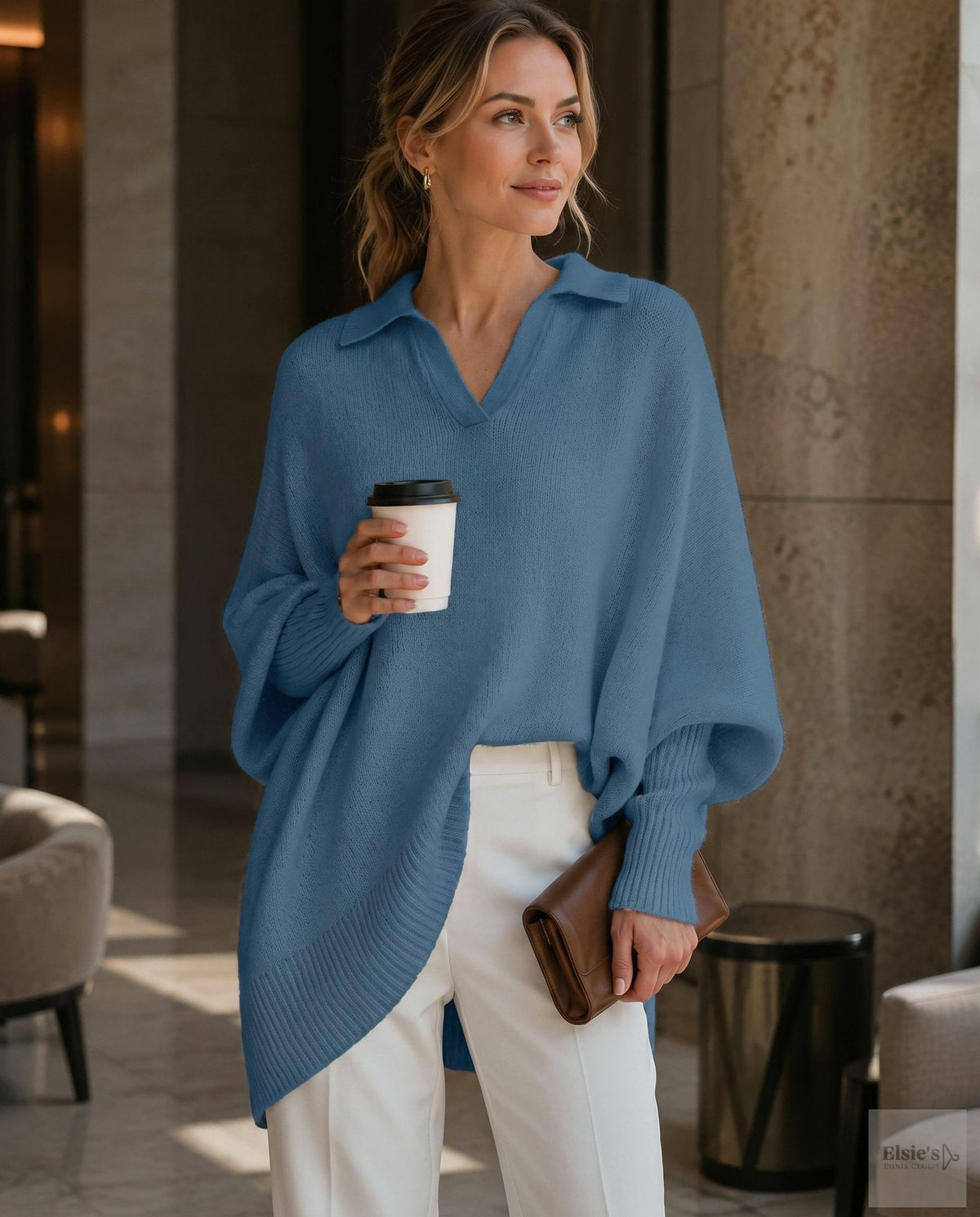 Women's Loose Fit Collared Knit Sweater Casual Slouchy Solid Color Long Sleeve Knitwear