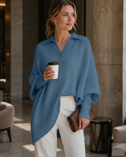 Women's Loose Fit Collared Knit Sweater Casual Slouchy Solid Color Long Sleeve Knitwear