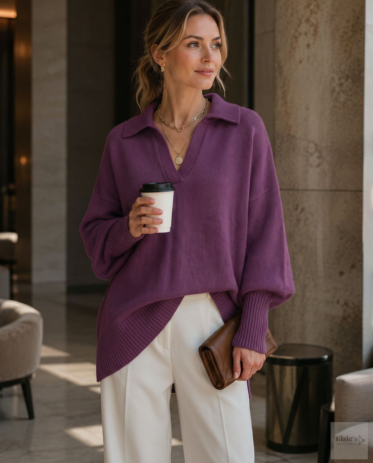 Women's Loose Fit Collared Knit Sweater Casual Slouchy Solid Color Long Sleeve Knitwear