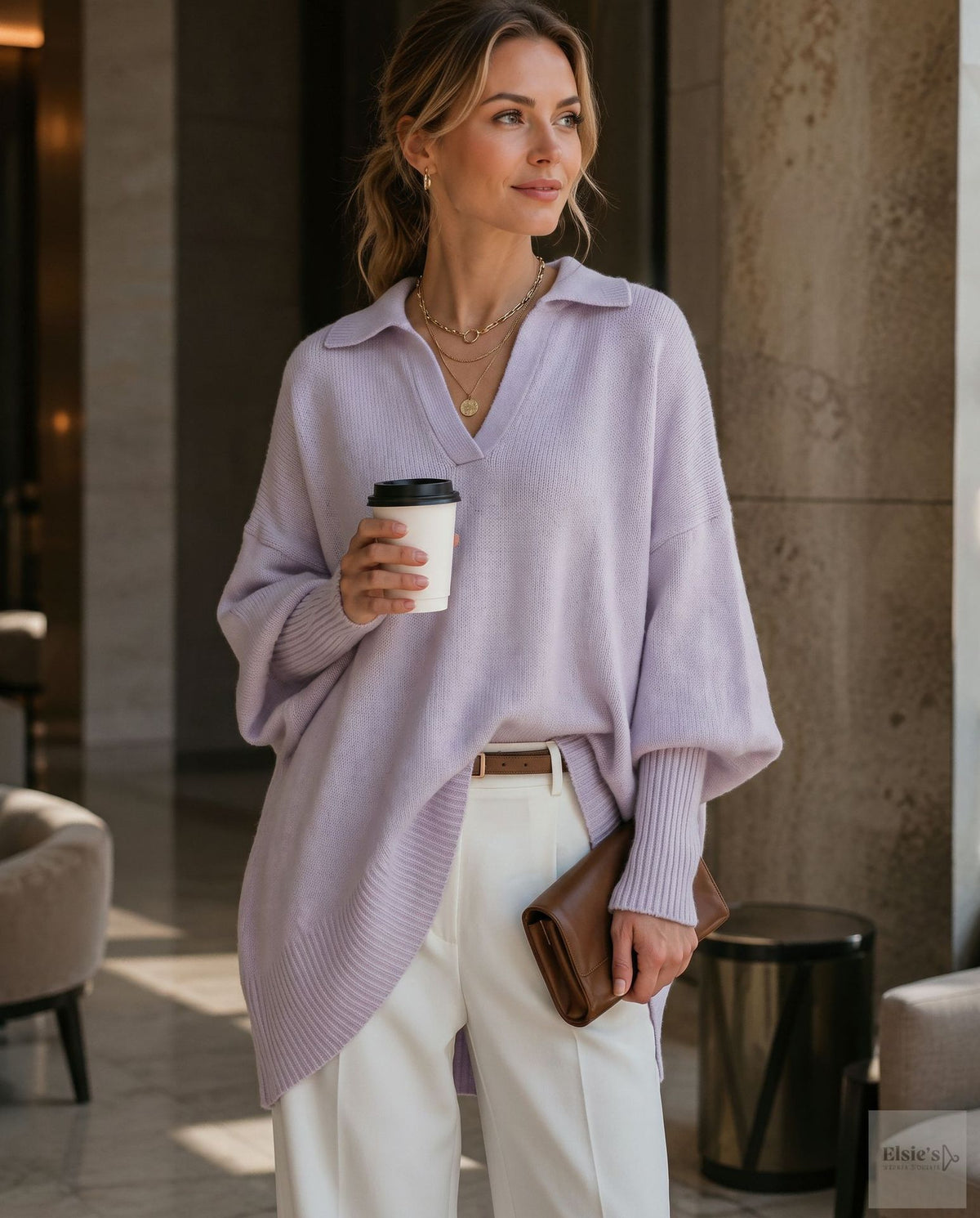Women's Loose Fit Collared Knit Sweater Casual Slouchy Solid Color Long Sleeve Knitwear