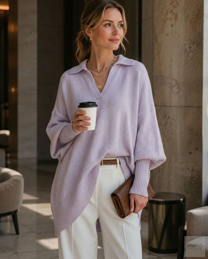 Women's Loose Fit Collared Knit Sweater Casual Slouchy Solid Color Long Sleeve Knitwear