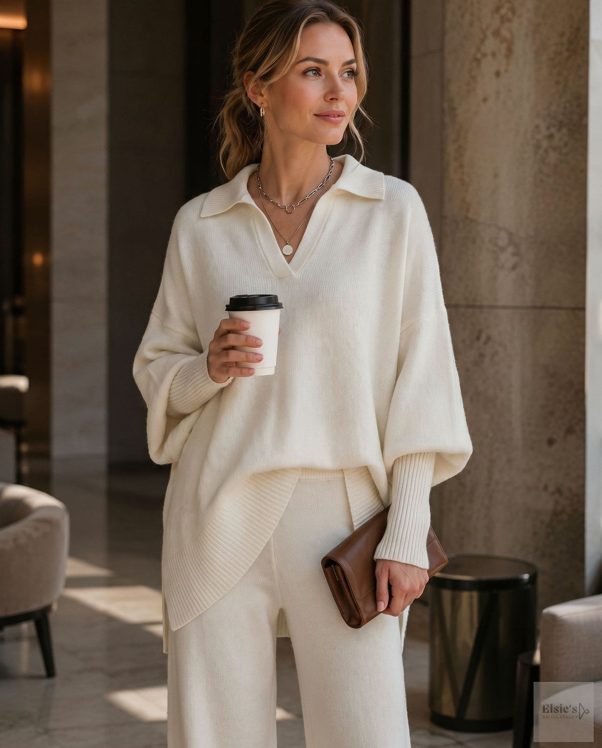 Women's Loose Fit Collared Knit Sweater Casual Slouchy Solid Color Long Sleeve Knitwear
