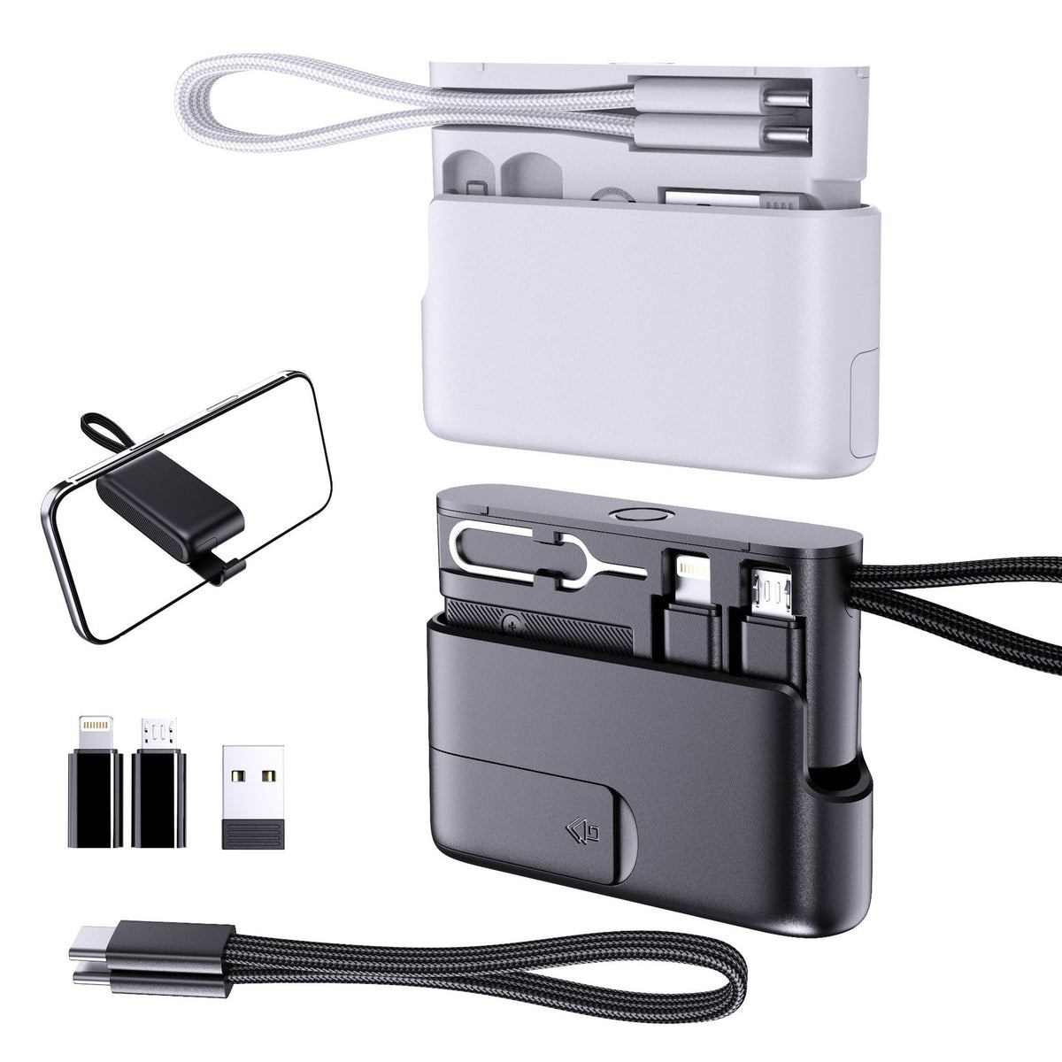 🔌 Pocket Travel Cable Kit – USB-C Cable, 3 Adapters, SIM/TF Storage & Phone Stand