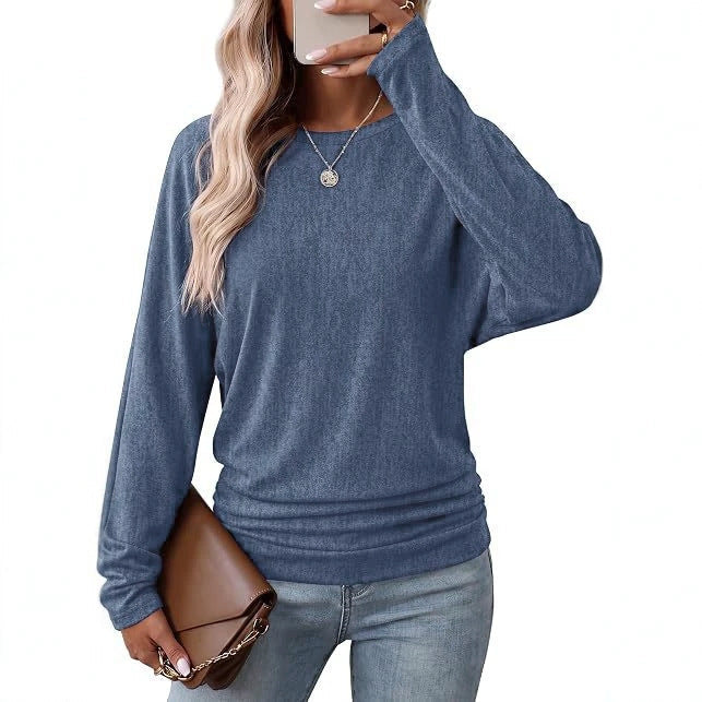 Womens Long Sleeve Shirts Ruched Hem Fall Tops Lightweight Sweaters