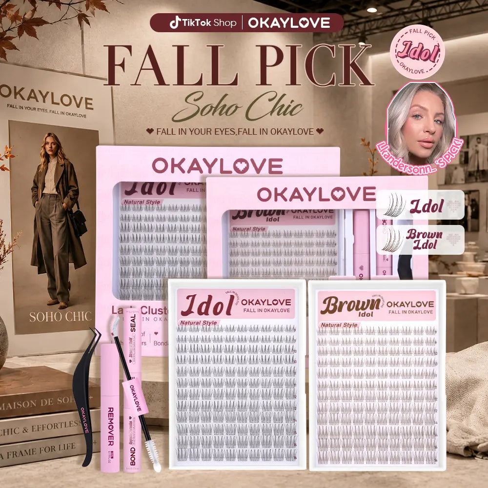 OKAYLOVE Idol Black| Brown Idol Lash Clusters Kit | D Curl Wispy Lash Extension Kit | Lightweight Look Like Real Lashes DIY Eyelash at Home for Natural Makeup Girl Gifts #backtoschool #sohochic