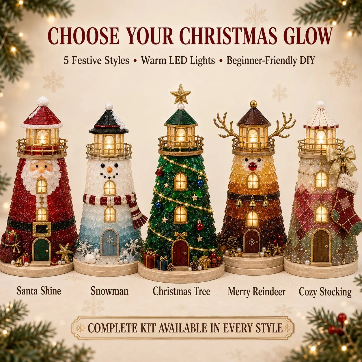 🎄Beginner-Friendly DIY Lighted Christmas Character Sea Glass-Style Lighthouse Kit Collection
