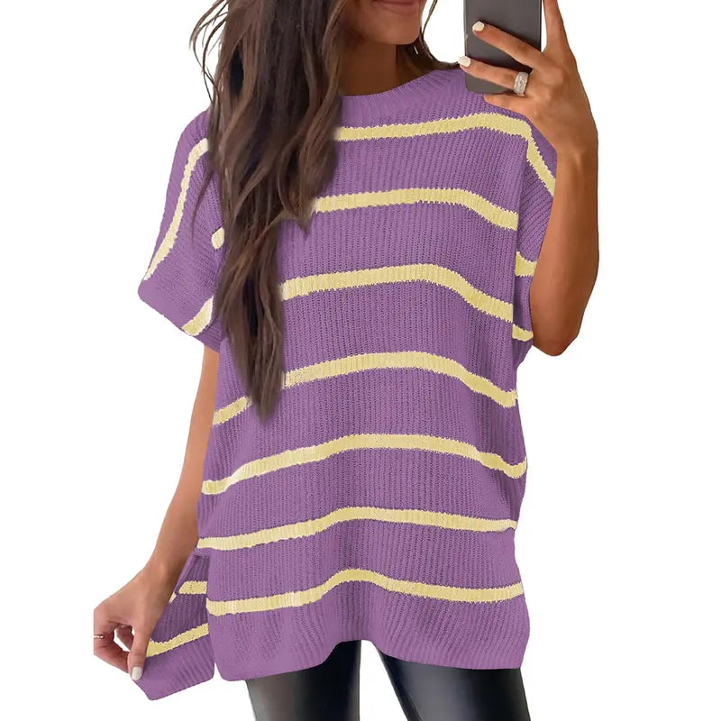 Shewin Women's Oversized Cotton Knit Sweater - Chic Soft New Year Knitwear, Casual Solid Pullover Top with Puff Short Sleeves, Round Neck, Side Slit for Work, Back-to-School,sohochic