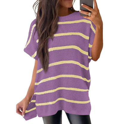 Shewin Women's Oversized Cotton Knit Sweater - Chic Soft New Year Knitwear, Casual Solid Pullover Top with Puff Short Sleeves, Round Neck, Side Slit for Work, Back-to-School,sohochic