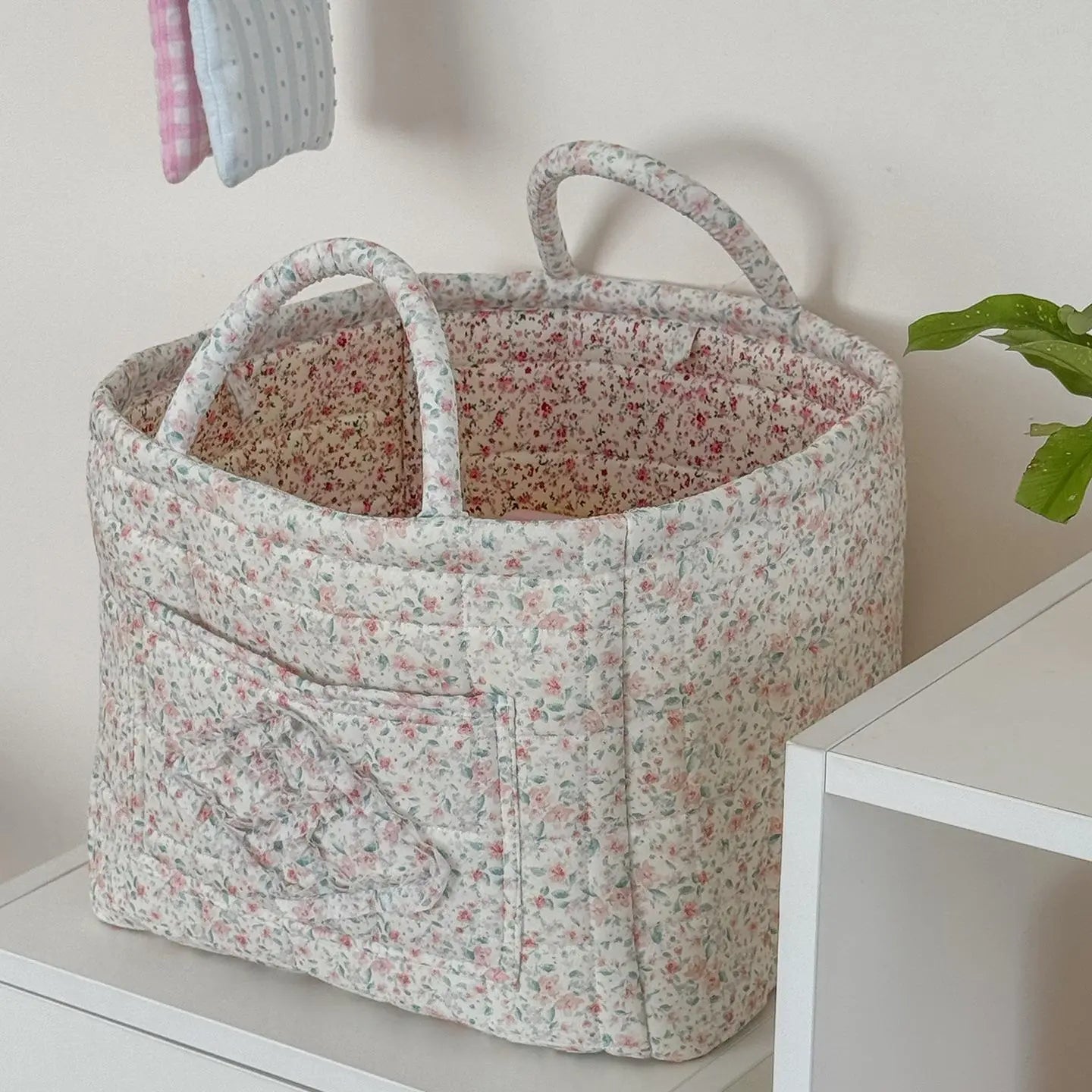 car Storage Basket, floral Fabric quilted basket for Clothes Toys & Blankets Car Trunk Organizer Backseat Storage Machine Washable  Large Capacity Woven Design room clutter  organization daily use item  summervibes 	 large capacity clothes