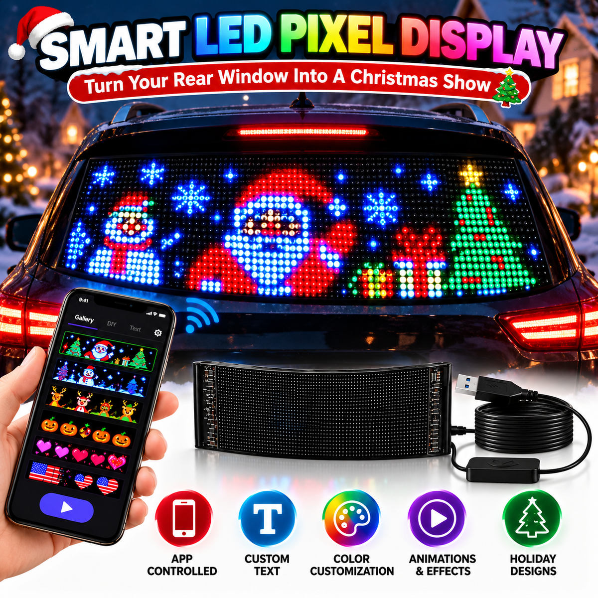 🚗🎄 Smart LED Pixel Car Display — App-Controlled Custom Text, Colors & Animations🎄
