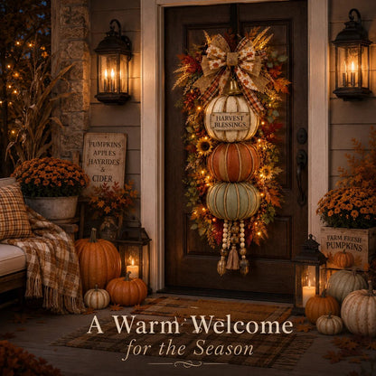 🏡🎃Lighted Stacked Pumpkin Fall Door Decor with 3 Seasonal Plaques