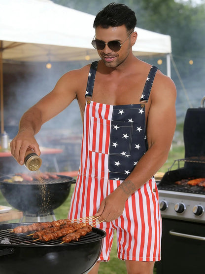 Flag Denim Overalls 4th of July Patriotic Stretch Romper for Men and Women