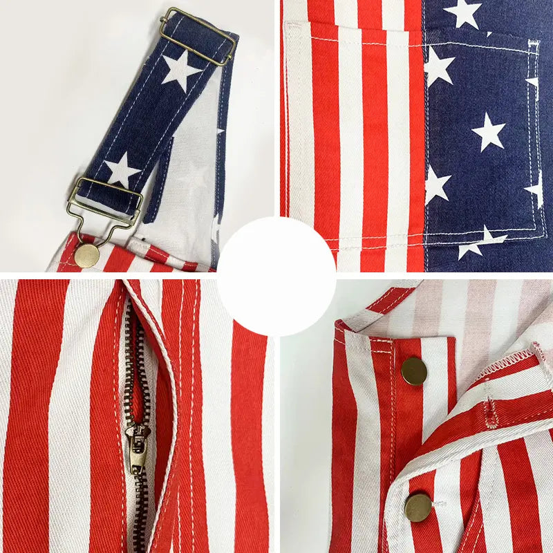 Flag Denim Overalls 4th of July Patriotic Stretch Romper for Men and Women