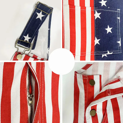 Flag Denim Overalls 4th of July Patriotic Stretch Romper for Men and Women