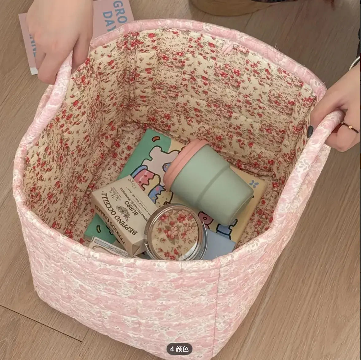 car Storage Basket, floral Fabric quilted basket for Clothes Toys & Blankets Car Trunk Organizer Backseat Storage Machine Washable  Large Capacity Woven Design room clutter  organization daily use item  summervibes 	 large capacity clothes