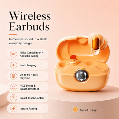Wireless Waterproof Earbuds with Noise Reduction & 60H Playtime