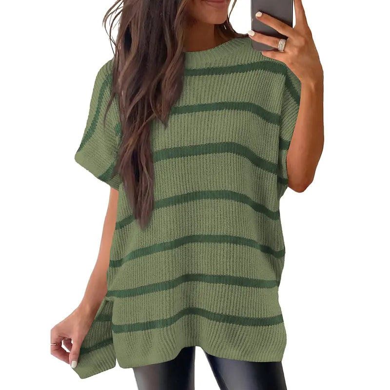 Shewin Women's Oversized Cotton Knit Sweater - Chic Soft New Year Knitwear, Casual Solid Pullover Top with Puff Short Sleeves, Round Neck, Side Slit for Work, Back-to-School,sohochic