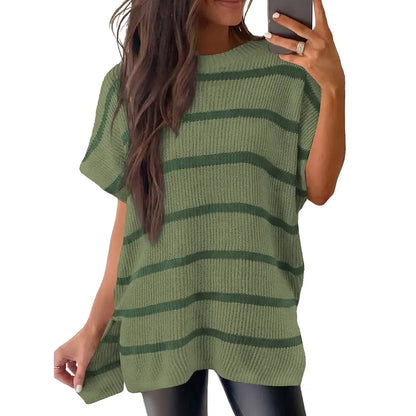 Shewin Women's Oversized Cotton Knit Sweater - Chic Soft New Year Knitwear, Casual Solid Pullover Top with Puff Short Sleeves, Round Neck, Side Slit for Work, Back-to-School,sohochic
