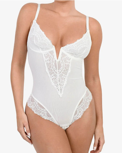 Deep V-Neck Lace Thong Bodysuit - A Stylish, Lightly-Sculpting Statement